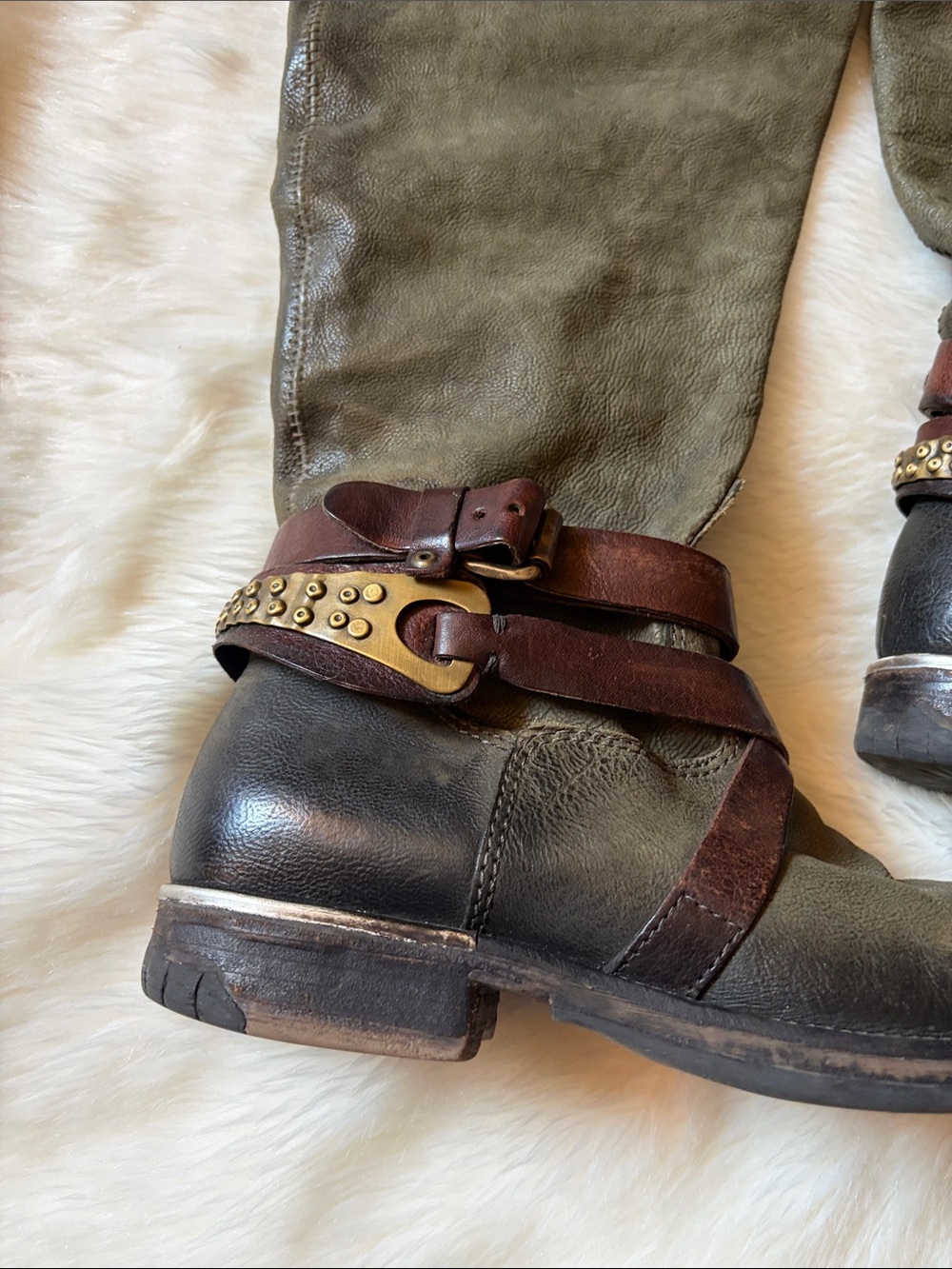 Olive Green & Brown Leather Studded Harness Boots - Picture 2 of 5